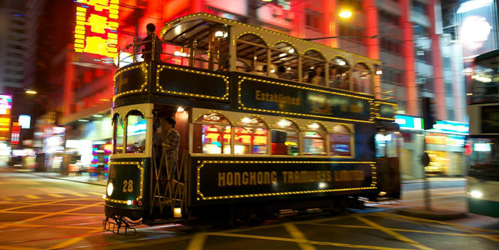 Vintage Hong Kong tram at night
