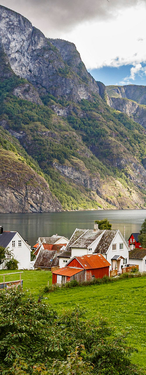 Scenic Nordic village by mountain fjord