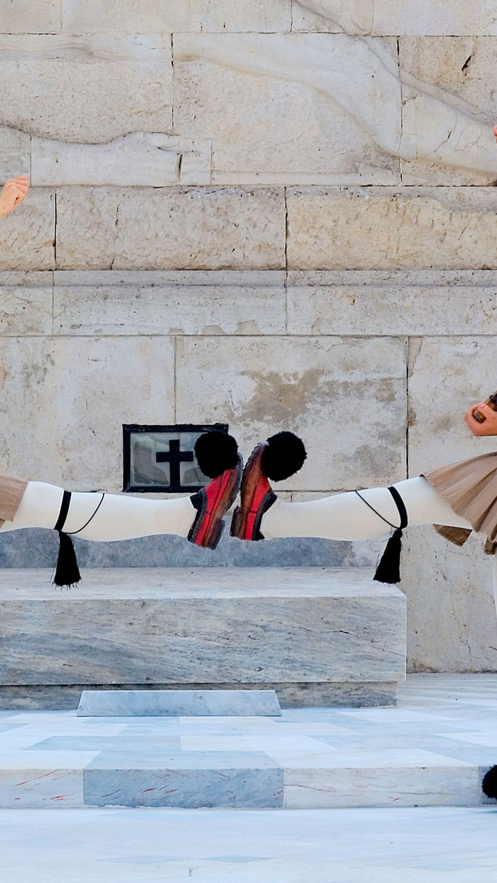 Greek ceremonial guards performing synchronized routine