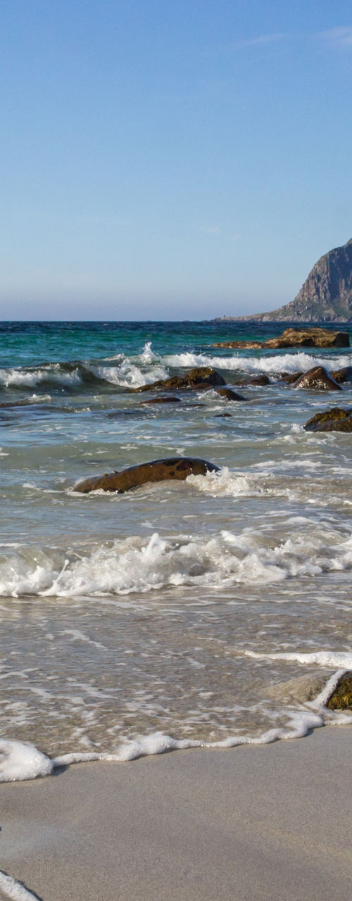 Rocky beach with mountain backdrop