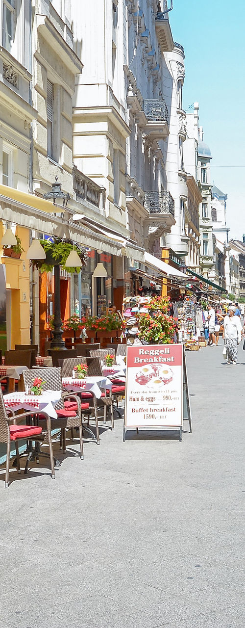 European street with cafes and shops