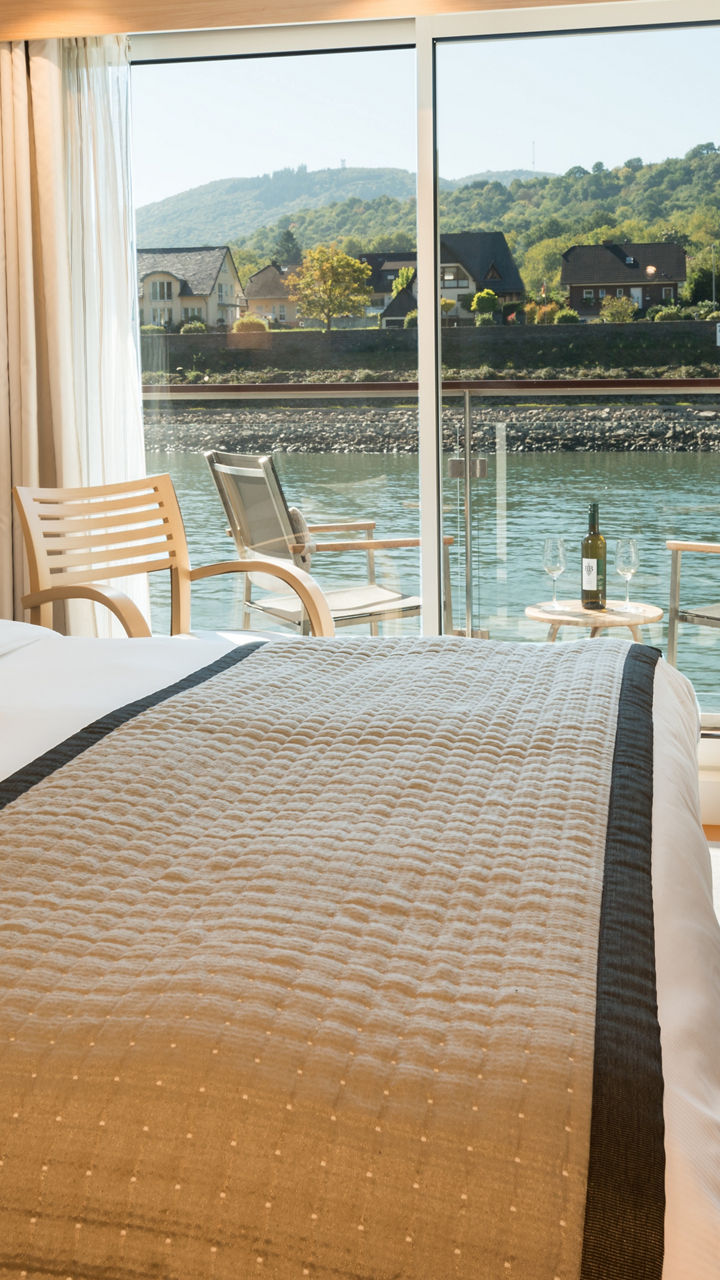 Modern hotel room with scenic river view