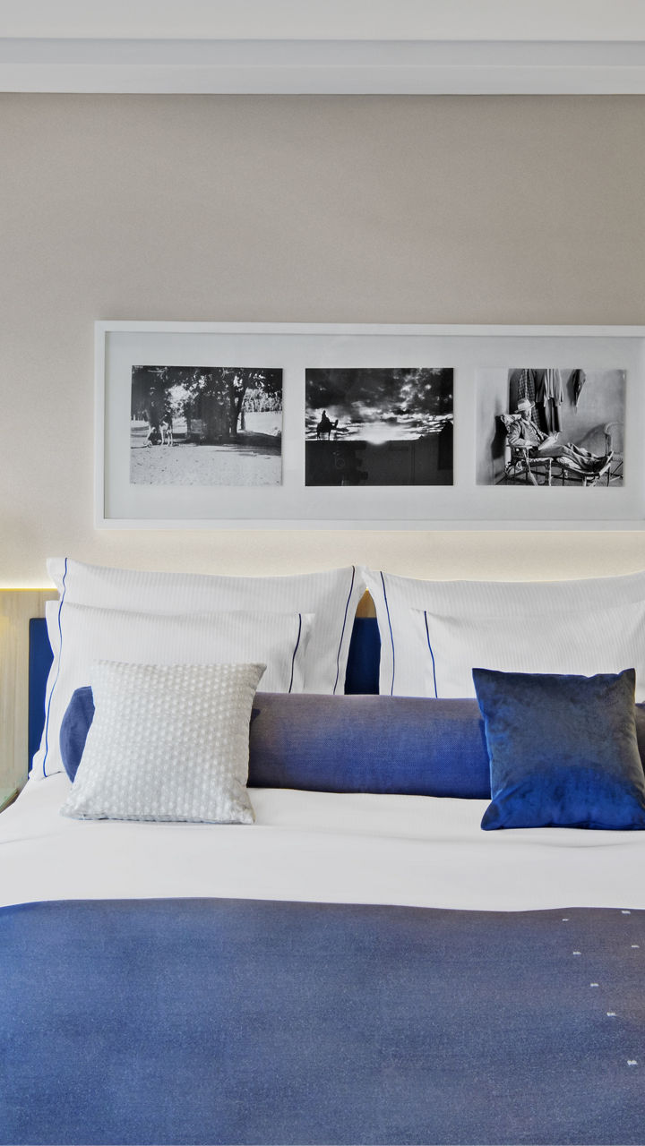 Modern riverfront bedroom with scenic view