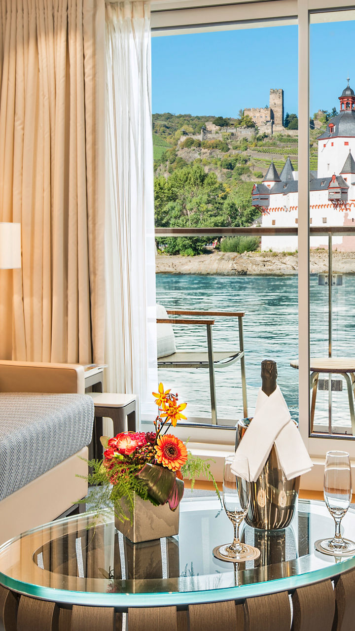 Modern river cruise suite with scenic view