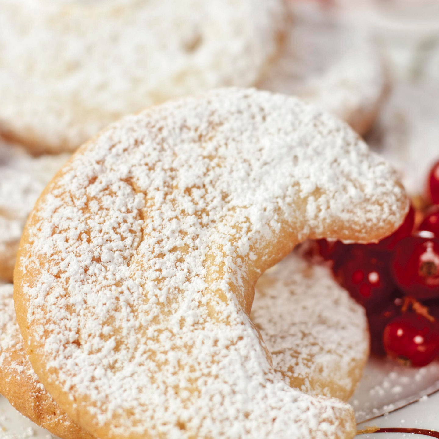 Powdered crescent cookies with holiday decor