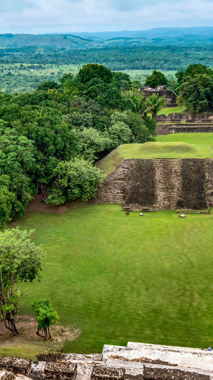 Ancient Mayan ruins in lush landscape