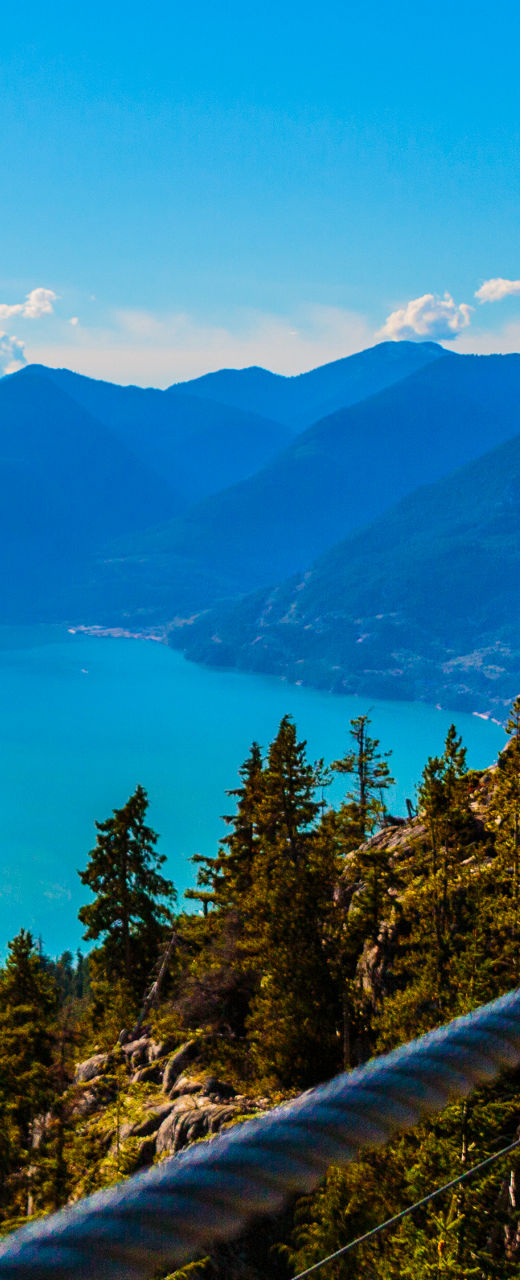 Scenic suspension bridge overlooking mountain lake