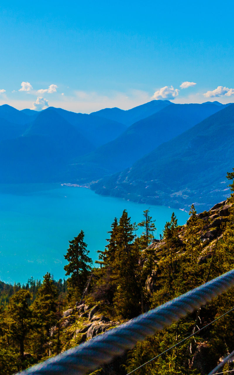 Scenic suspension bridge overlooking mountain lake