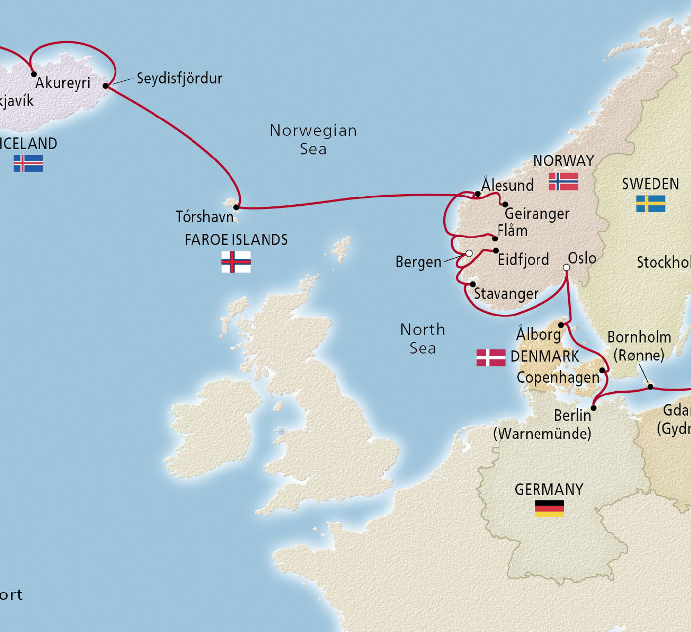 Map of Viking Homelands & Majestic Iceland itinerary