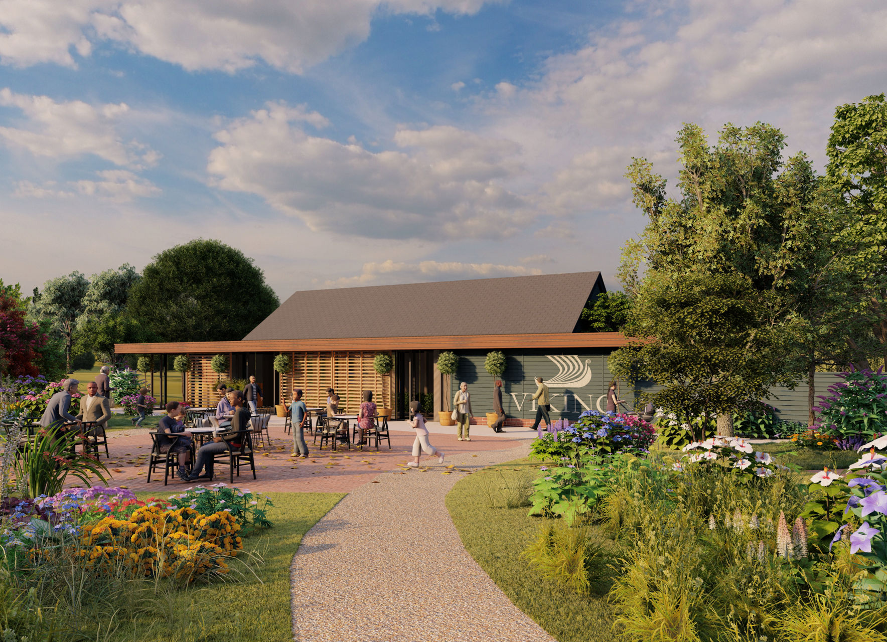 Outdoor café with garden seating area