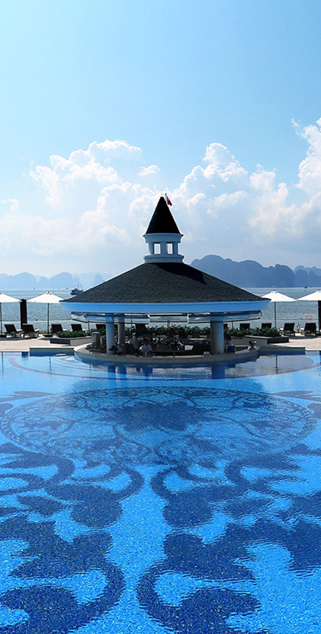 Luxury poolside pavilion with scenic views