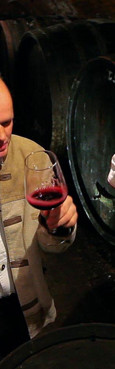 Wine tasting in rustic cellar setting