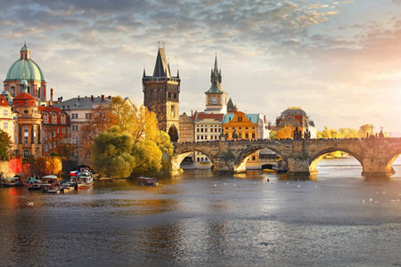 Scenic view of Charles Bridge at sunset