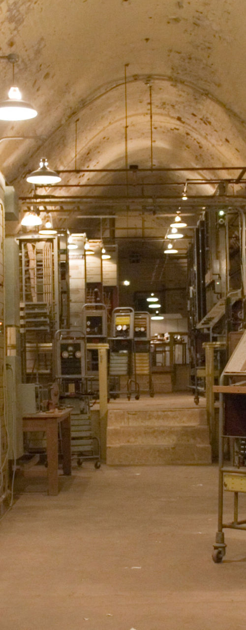 Vintage underground control room with equipment