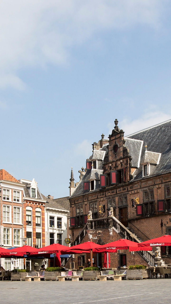 Historic European square with outdoor cafes