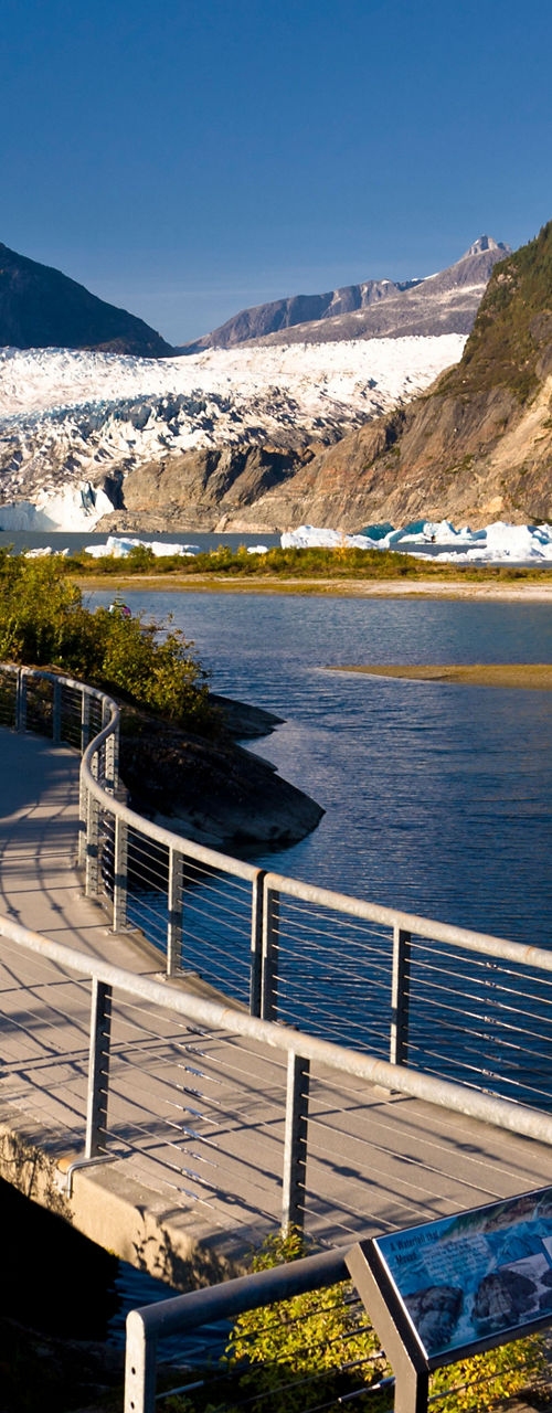 Scenic glacier view with winding boardwalk
