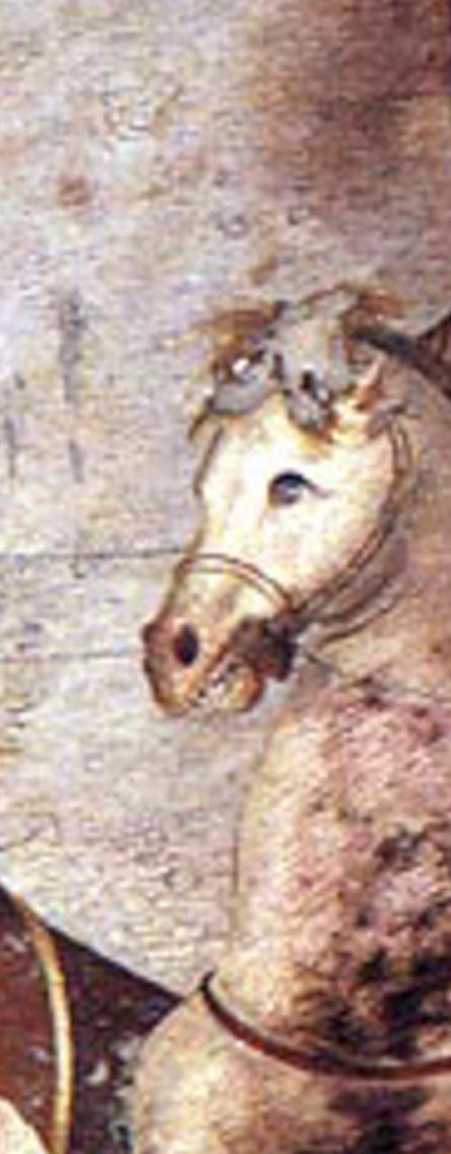 Ancient fresco depicting horses and rider