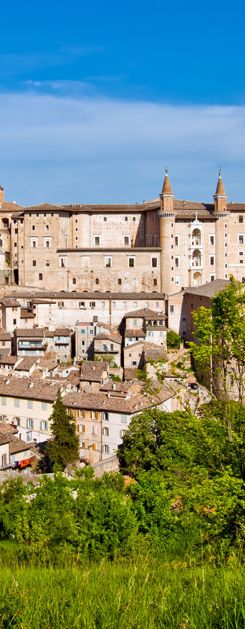 Historic Italian town with lush greenery
