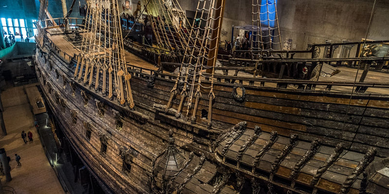 Historic wooden ship in museum exhibit