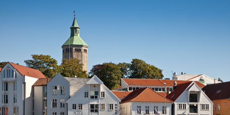 Scenic waterfront with historic buildings