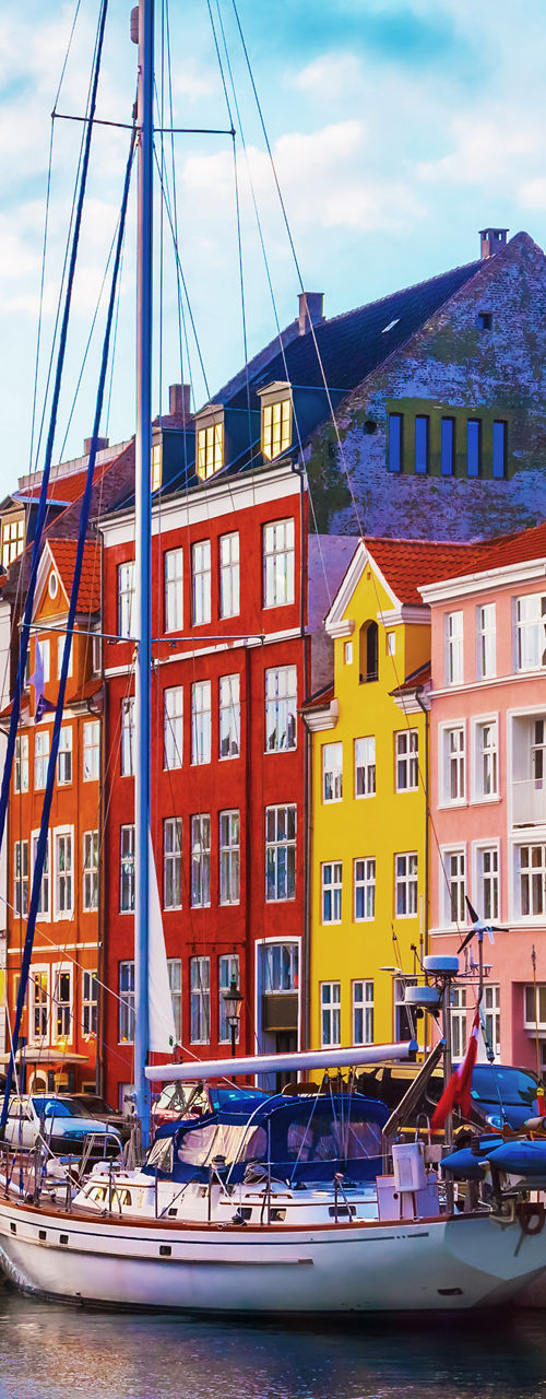 Colorful waterfront in Copenhagen with boats