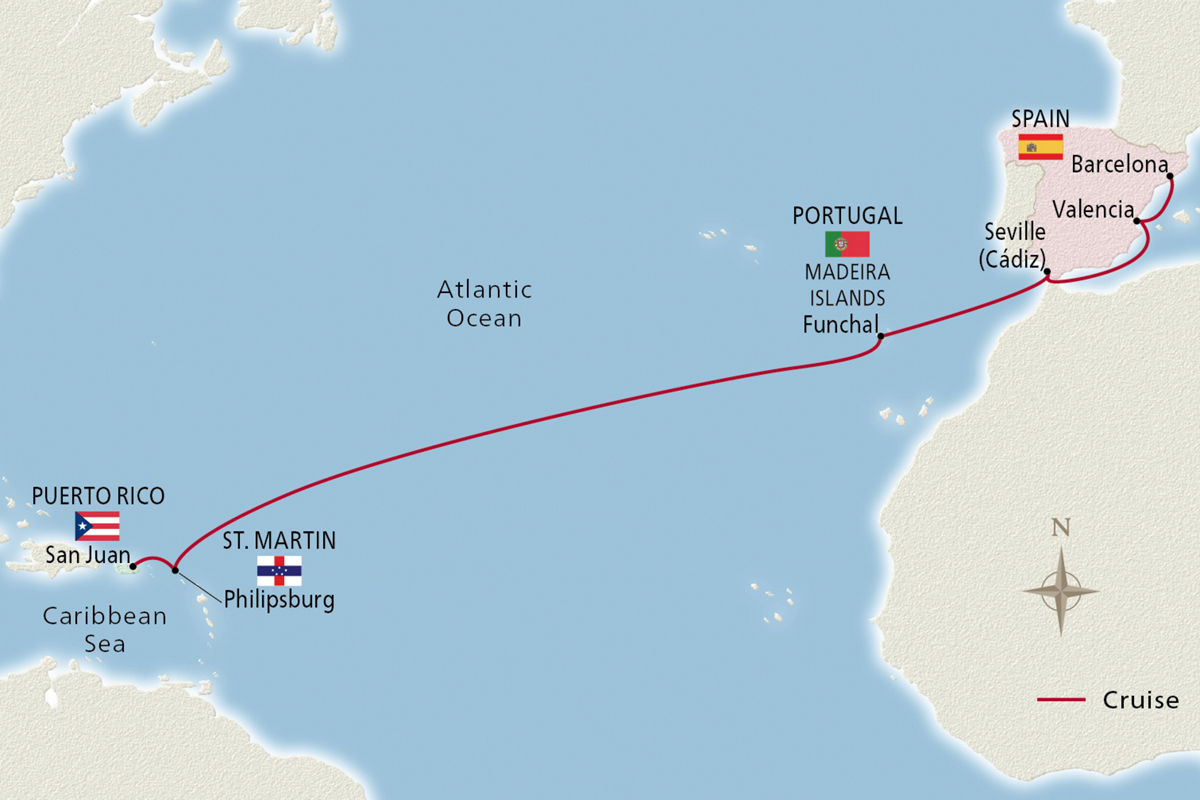 West Indies to Spain – route map