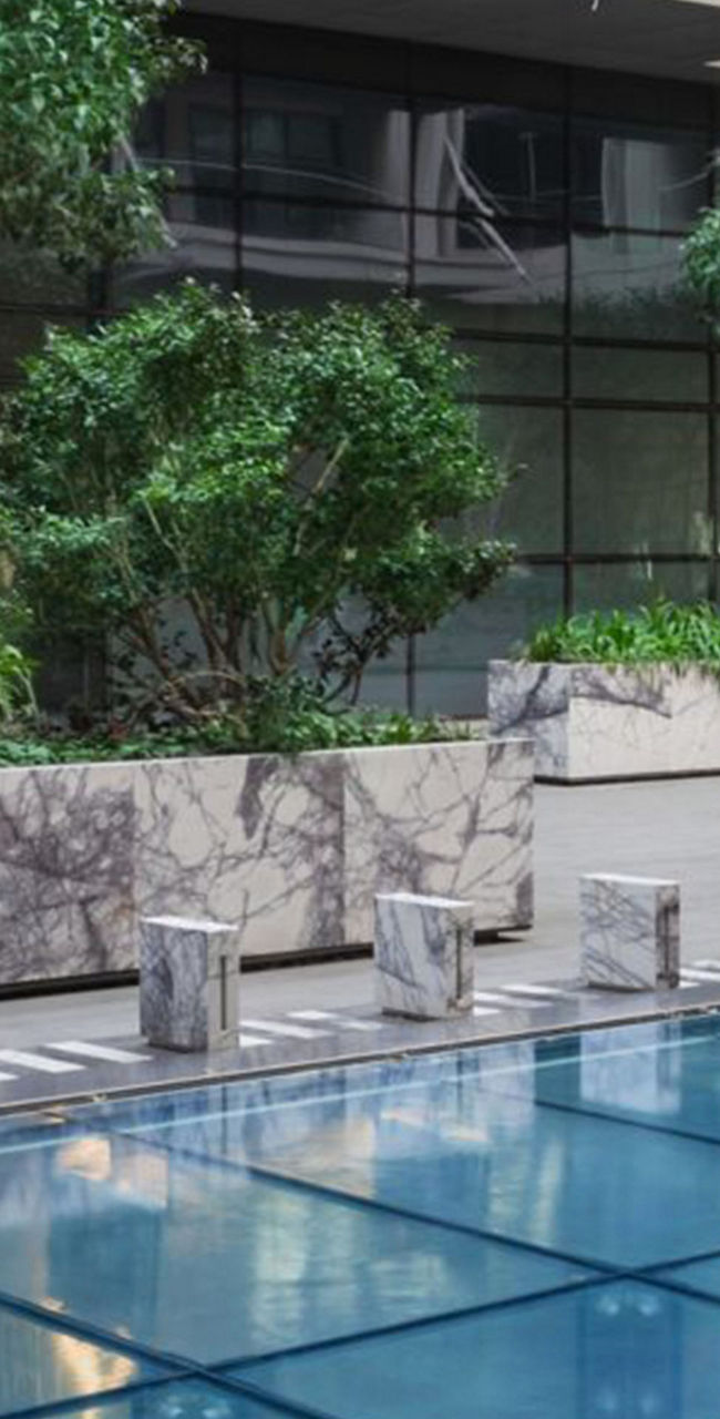 Modern courtyard with glass pool and greenery