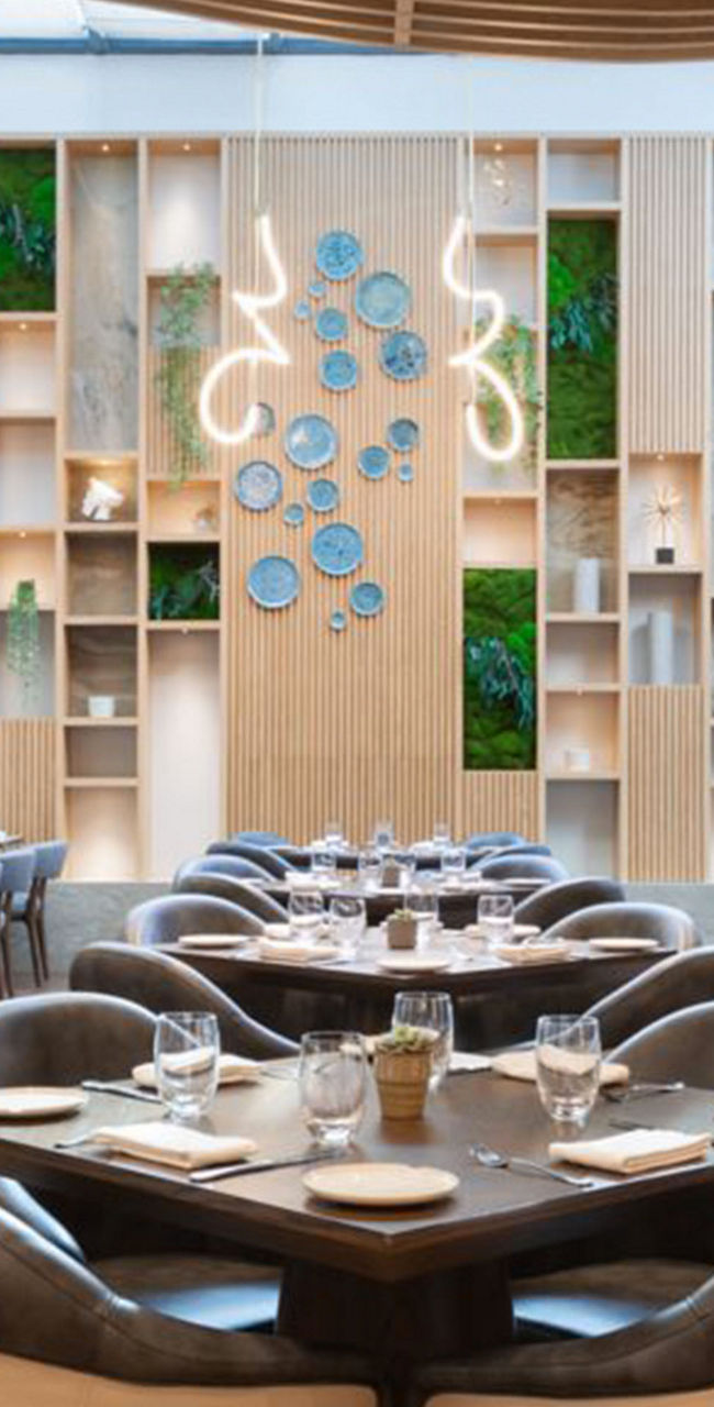Modern restaurant interior with wooden accents