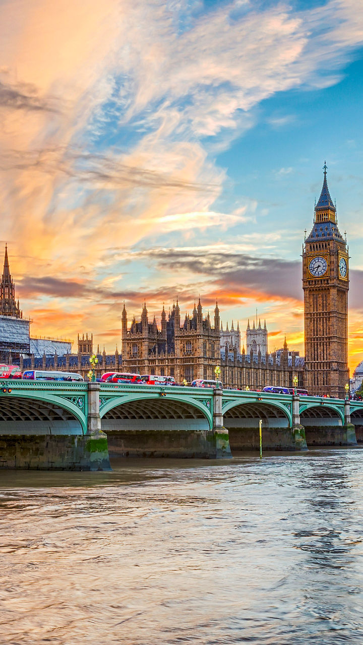 Big Ben and Westminster Bridge at sunset