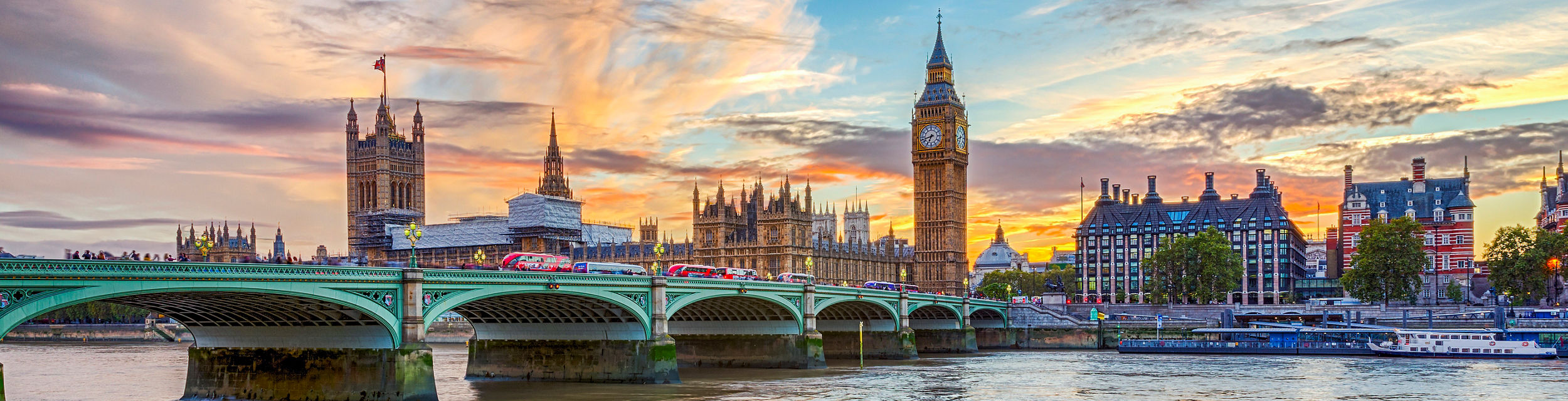 Big Ben and Westminster Bridge at sunset