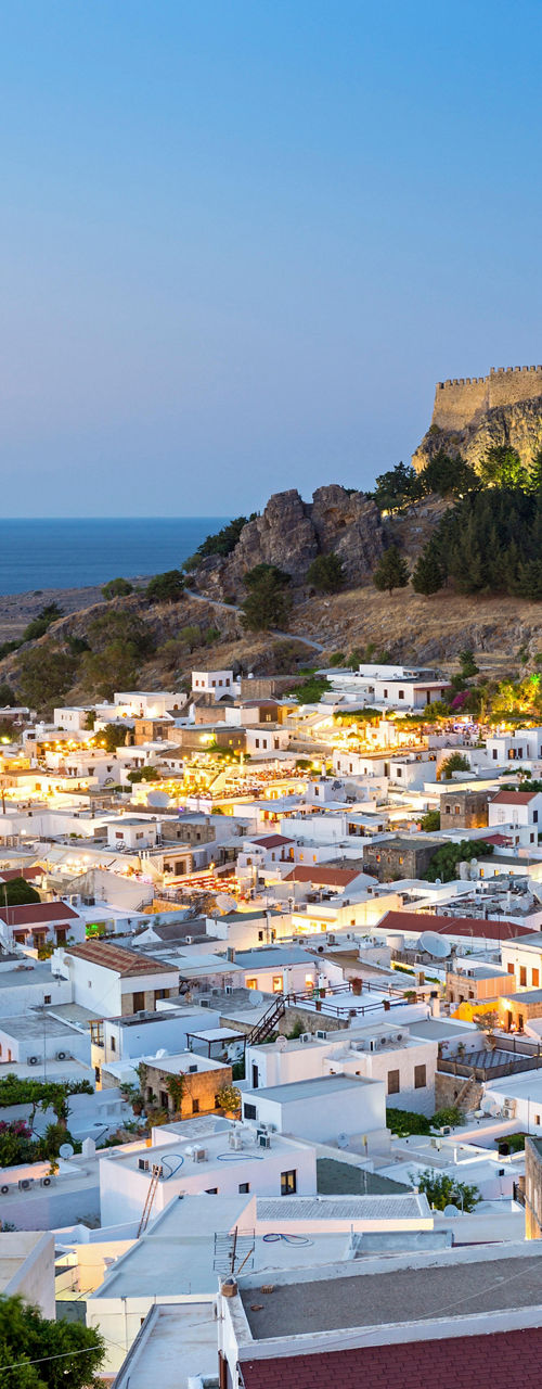 Scenic view of Lindos village at sunset