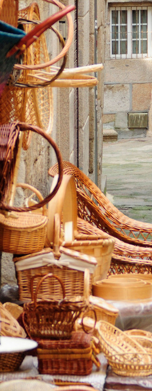 Street market with woven baskets display