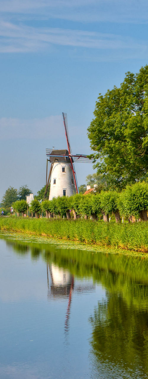 Scenic canal with windmill and houses