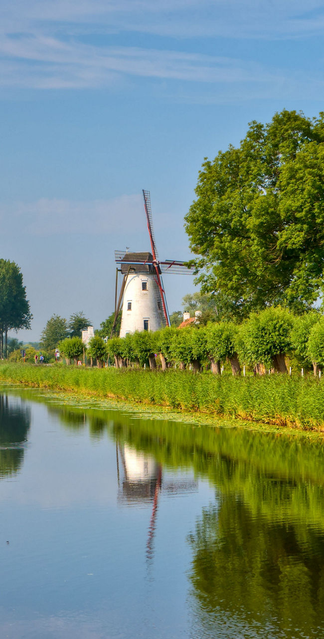 Scenic canal with windmill and houses