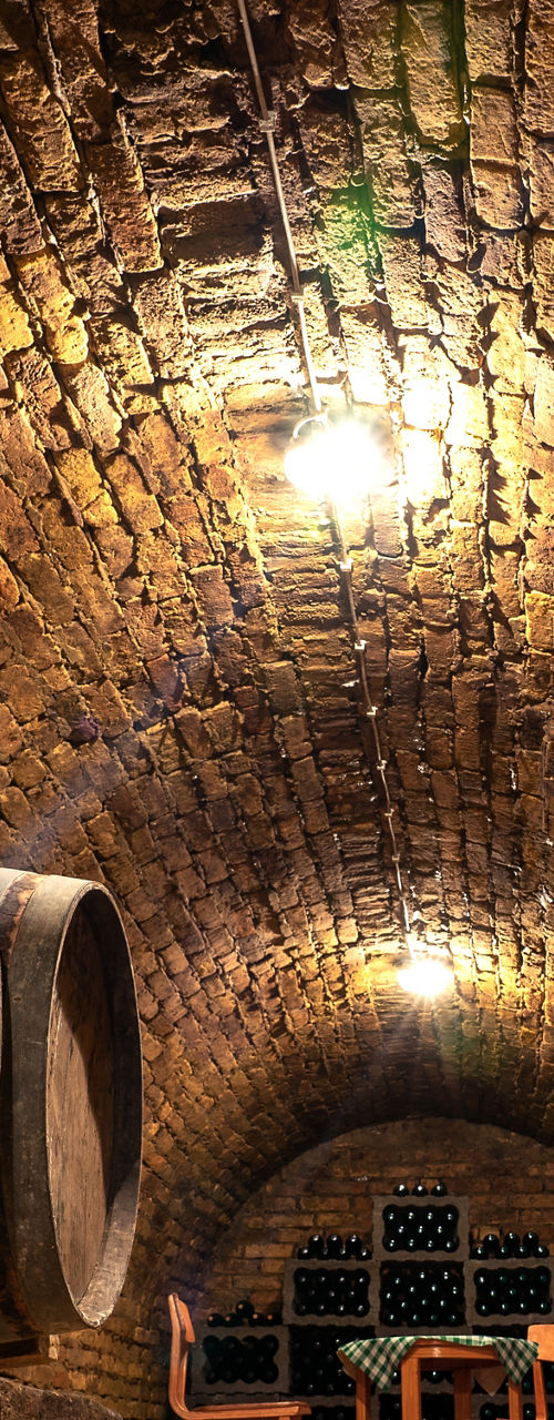 Rustic wine cellar with barrels and bottles