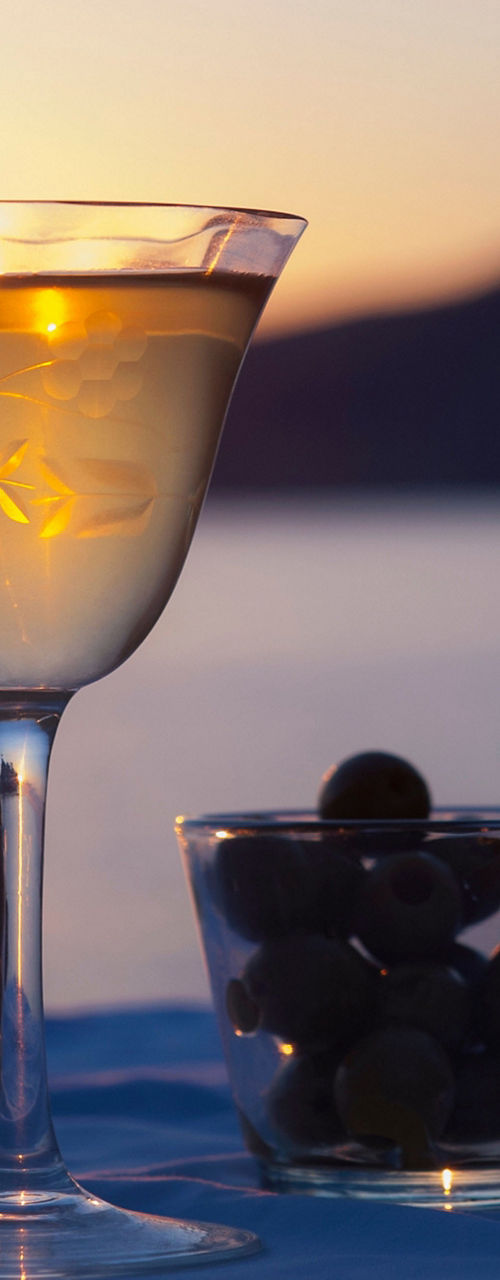 Two wine glasses at sunset by the sea