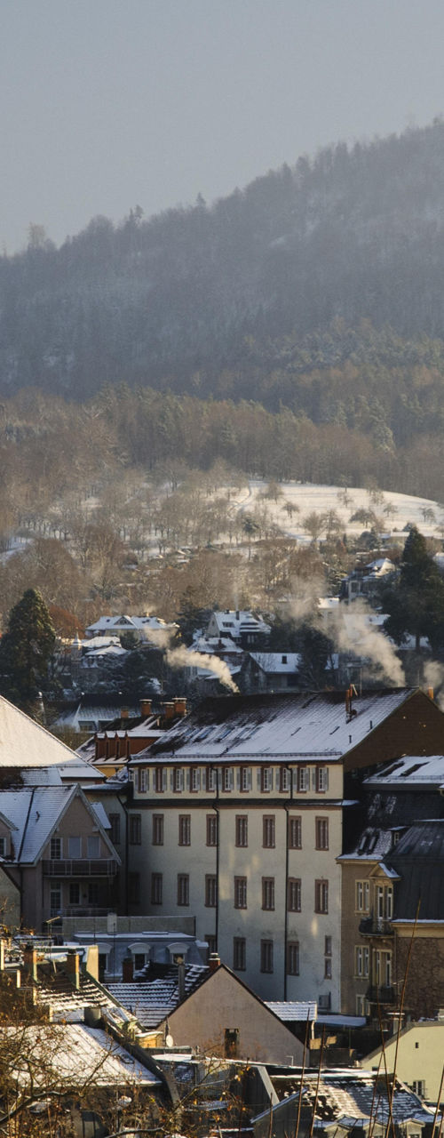 Snowy townscape with historic church tower