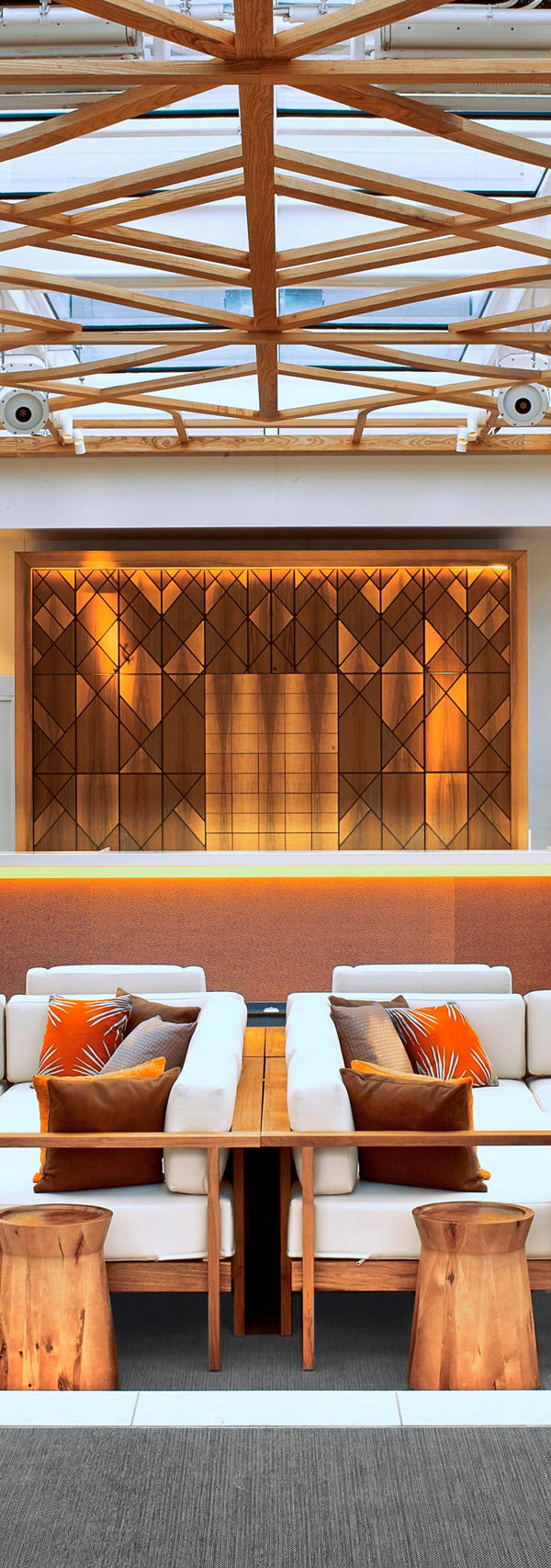 Modern lounge with wooden lattice ceiling