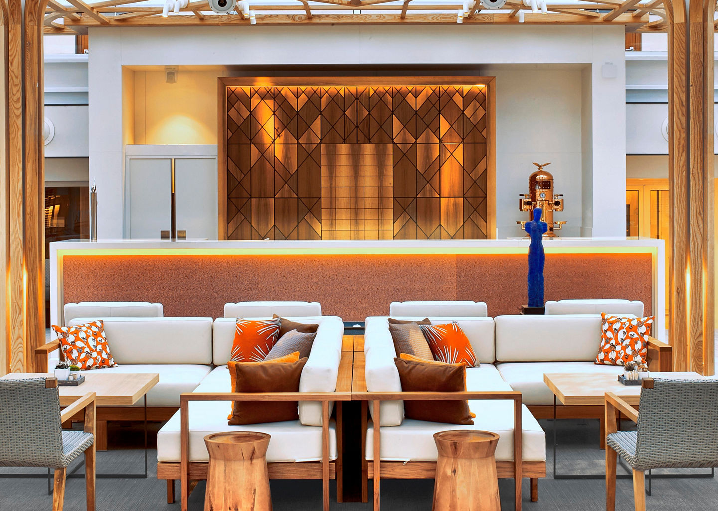 Modern lounge with wooden lattice ceiling