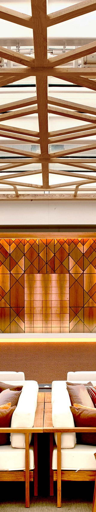 Modern lounge with wooden lattice ceiling