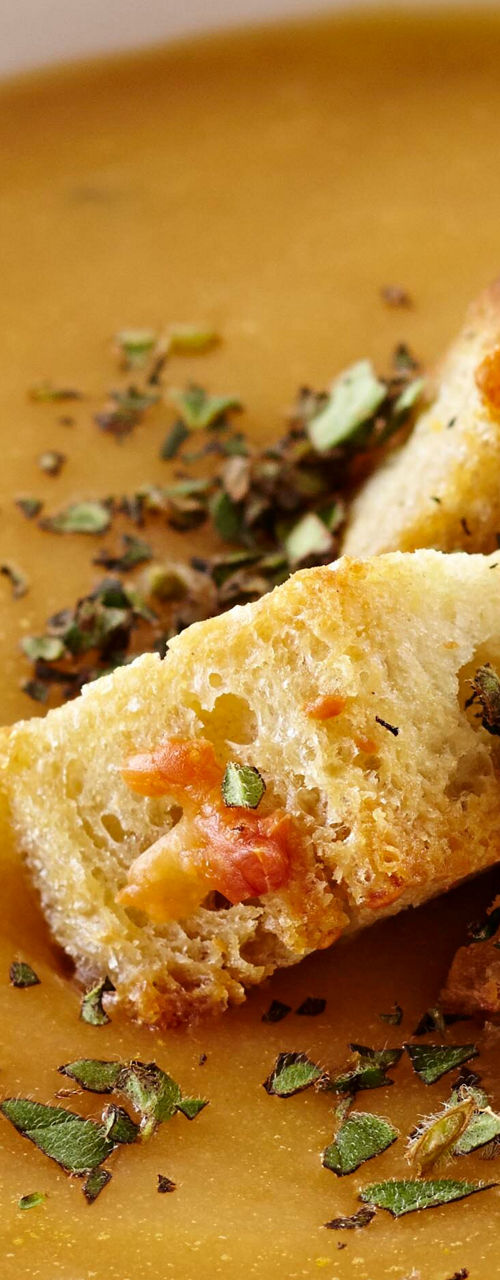Creamy soup with croutons in white bowl
