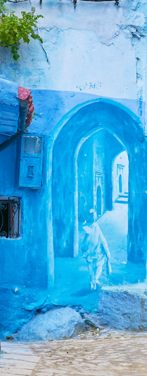 Woman exploring blue streets of Chefchaouen