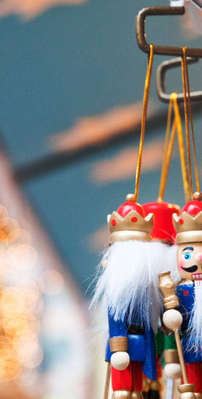 Festive nutcracker ornaments at holiday market