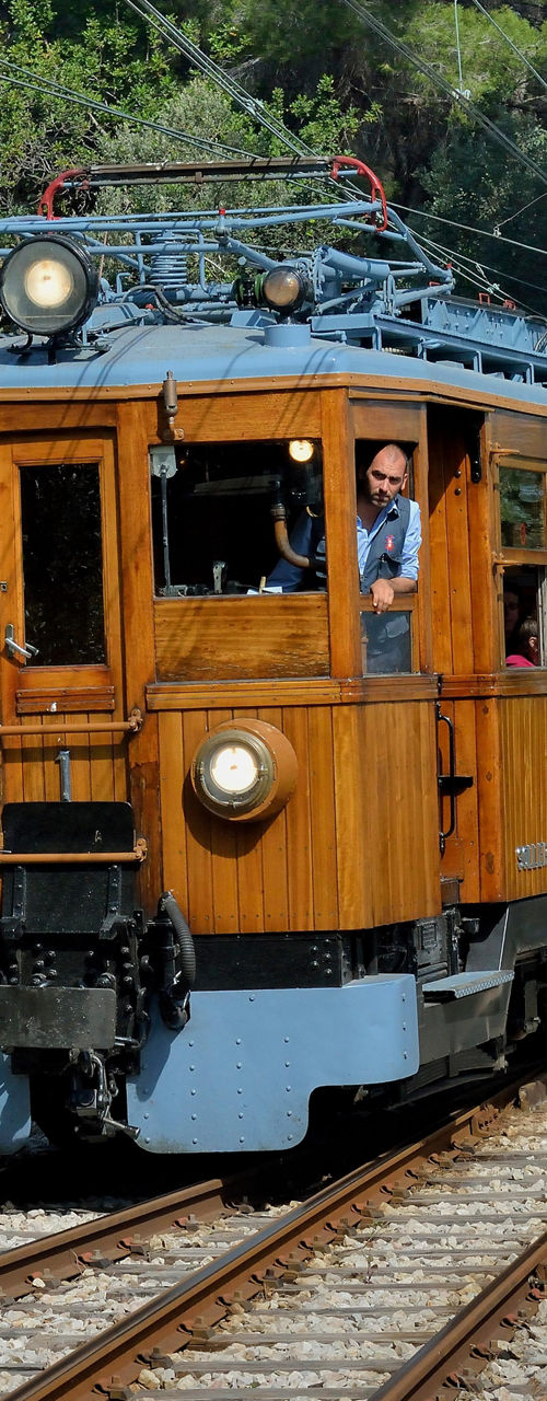 Vintage wooden electric train travels through forest