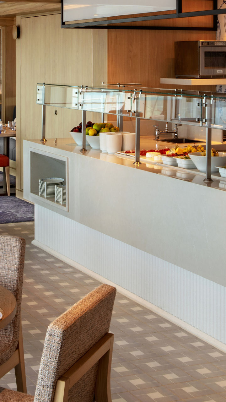 Modern restaurant with buffet and seating area