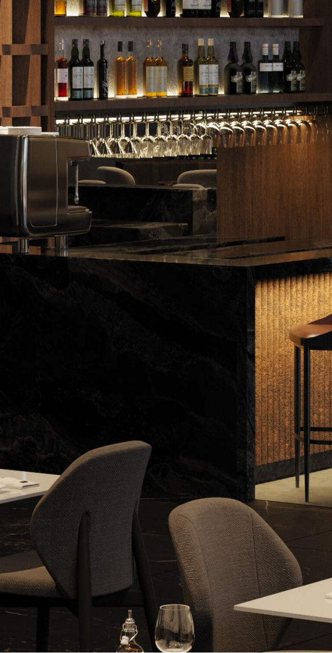 Modern bar and dining area with elegant decor