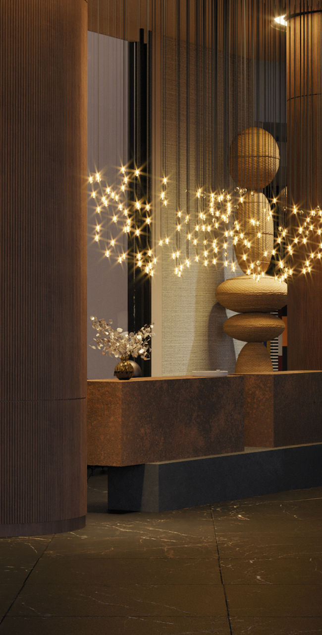 Modern hotel lobby with warm lighting