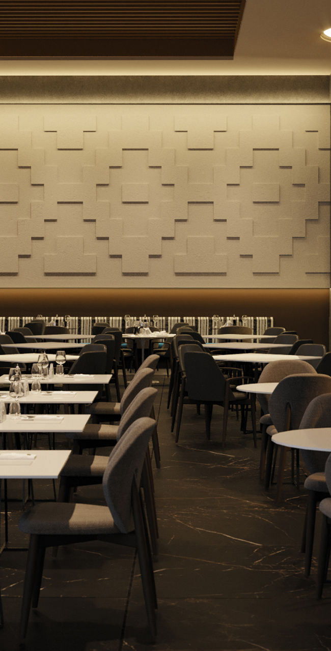 Modern restaurant interior with warm lighting