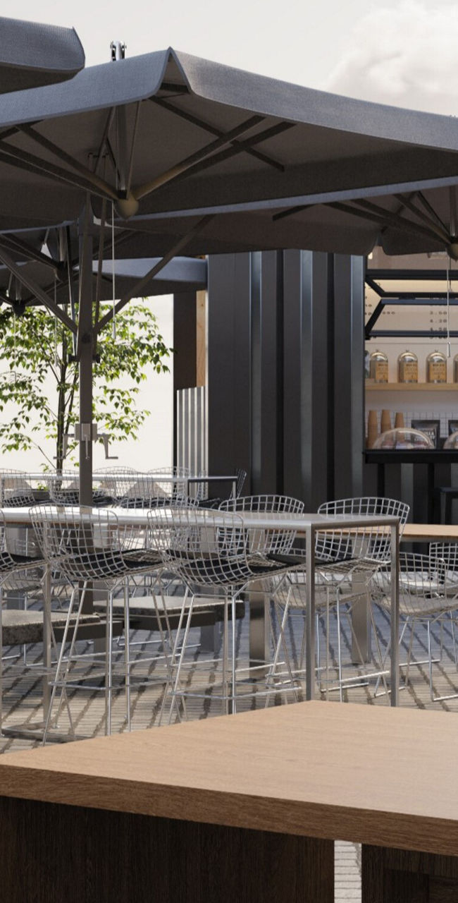 Modern outdoor cafe with shaded seating