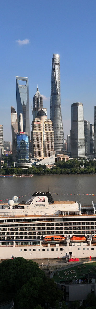 Shanghai skyline with cruise ship docked